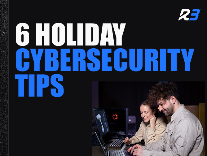 Promotional graphic with the title 6 Holiday Cybersecurity Tips in bold white and blue text. Beside the text, two people smile while working on computers in a dark room.