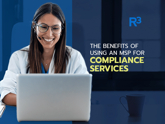 A smiling woman wearing glasses and a headset sits at a desk using a laptop. The text reads, “Discover the benefits of compliance services with an MSP,” with the R3 logo appearing in the top right corner.