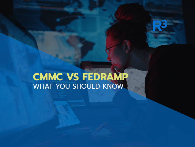 A person works at a computer with multiple monitors. Overlay text reads CMMC vs FedRAMP: What You Should Know with the R³ logo in the corner. Background shows a dark, technology-focused workspace.