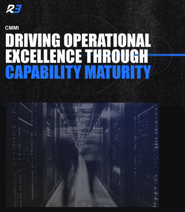 A graphic with the text Driving Operational Excellence Through Capability Maturity over an image of blurred people walking in a server room, featuring a blue and black color scheme and the logo R3 in the corner.