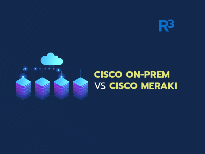Illustration of four network servers connected to a cloud, with the text Cisco Meraki ON-PREM VS CISCO MERAKI on a dark blue background and the R3 logo in the top right corner.
