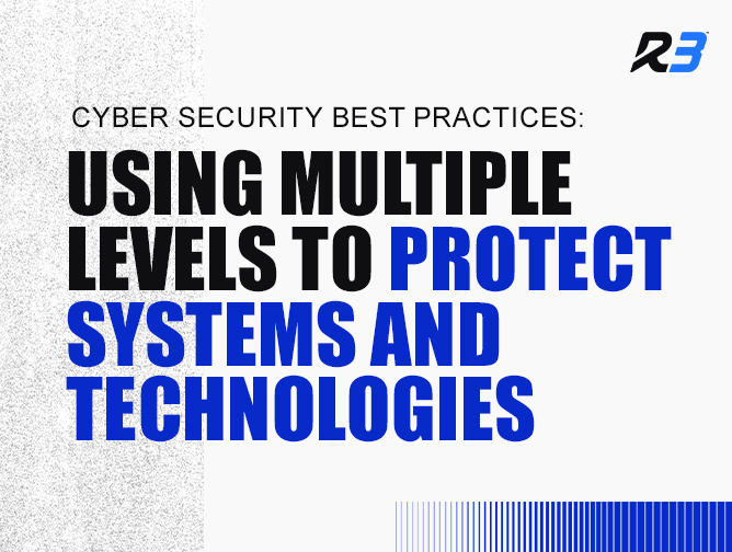 Text graphic with the R3 logo and the words: Cyber security best practices: Using multiple levels to protect systems and technologies in bold black and blue text on a white background.