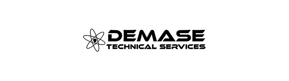 The logo features the words “DEMASE TECHNICAL SERVICES” in bold black letters. To the left, there is an atomic symbol with intersecting orbits, all on a light background.