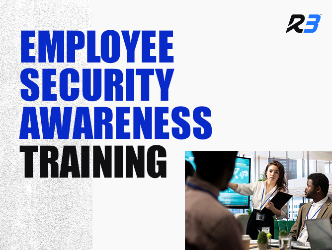 A woman leads a training session for employees with the words Employee Security Awareness Training in bold blue and black text on the left and the R3 logo in the top right corner.