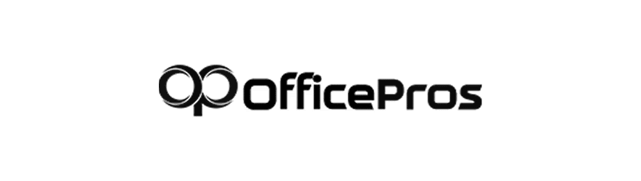 The image shows the OfficePros logo with stylized overlapping black letters O and P forming a unique design to the left of the word OfficePros in bold, modern black font on a light background.
