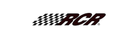 The image shows the RCR logo with a stylized black and white checkered flag pattern to the left of the bold, black letters on a light gray background.