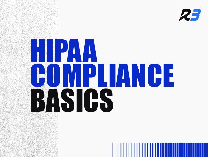 Text graphic with the words HIPAA Compliance Basics in large blue and black letters on a white background, with a textured gray area on the left and a blue-striped logo and design on the right.