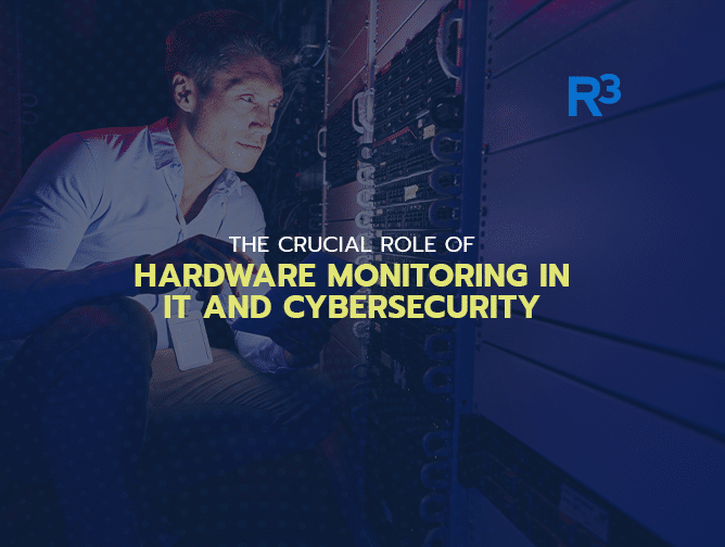 A man inspects server hardware in a dimly lit server room. Overlaid text reads: Hardware Monitoring plays a crucial role in IT and cybersecurity. R3 logo is visible in the top right corner.