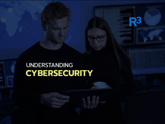 Two people look at a tablet in a dark room with multiple computer screens displaying data. The words Understanding Cybersecurity, IP Filtering, and the R3 logo are visible on the image.