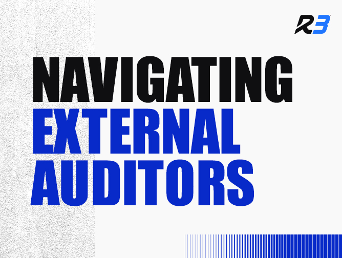 Text graphic with the words Navigating External Auditors in bold black and blue letters. The R3 logo appears in the top right corner on a white and textured background.