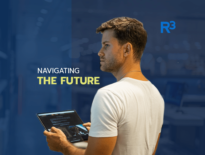 A man in a white shirt holds a tablet, looking ahead. The background is blurred, with the words Navigating THE FUTURE and the R³ logo displayed on the left, highlighting themes of Cybersecurity and Identity Verification.