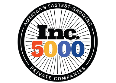 Circular badge with the text Americas Fastest-Growing Private Companies around the edge and Inc. 5000 in bold letters in the center, with numbers in orange, yellow, and blue.