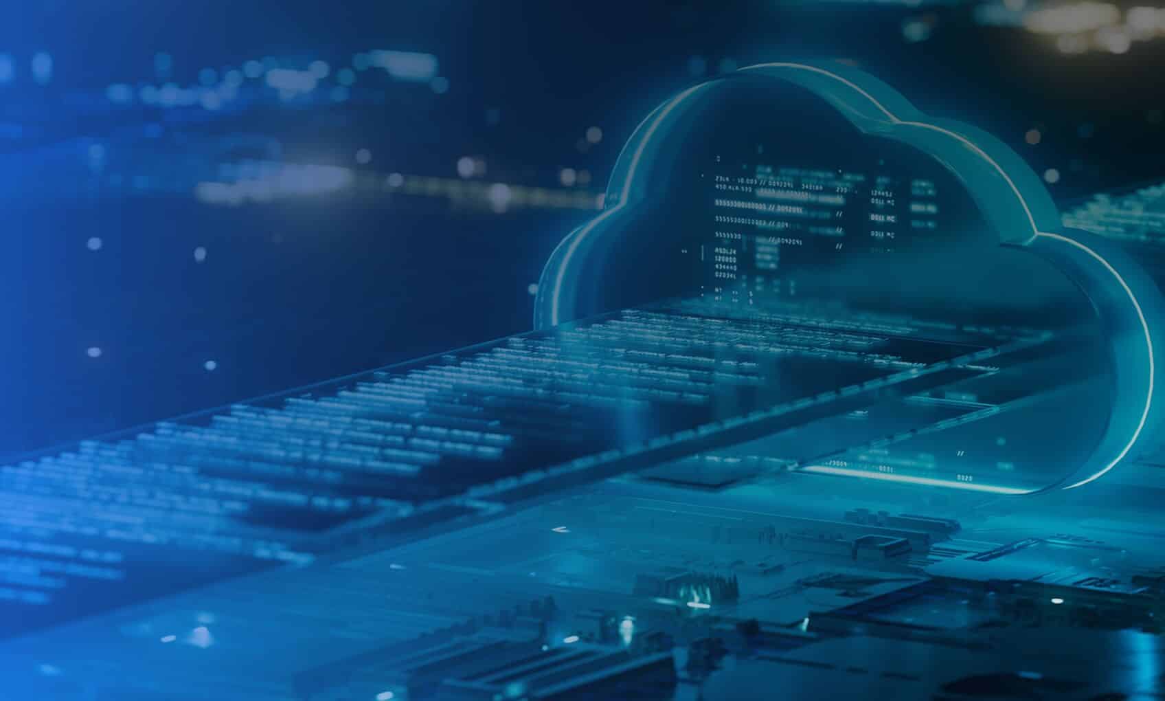 Neon blue cloud icon with digital code inside floats above a circuit board, symbolizing Azure Sentinel Implementation and digital data transfer, with city lights blurred in the background.