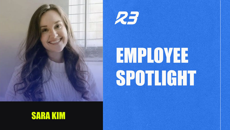A woman with long brown hair, wearing a white sweater, smiles at the camera. Next to her photo, the text reads EMPLOYEE SPOTLIGHT. Below her photo, the name SARA KIM is displayed in yellow.