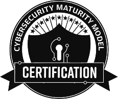 Black and white badge with a shield and keyhole, stars above, and the words Cybersecurity Maturity Model Certification encircling the design, representing a CMMC Compliance certification emblem.
