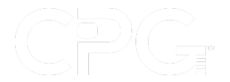 White letters CPG in a bold, modern font on a black background, with the horizontal bar of the G formed by three white lines.