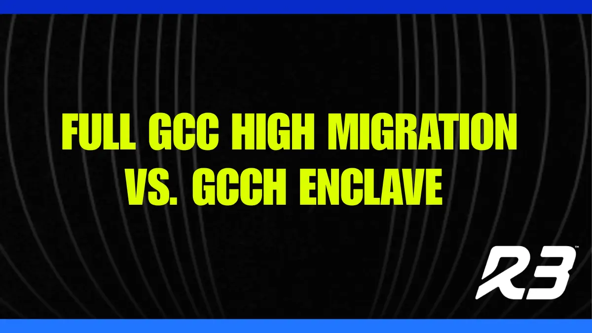 Yellow text reads FULL GCC HIGH MIGRATION VS. GCCH ENCLAVE on a black background with curved gray lines. A white R3 logo is in the bottom right corner, and the image is bordered in blue.