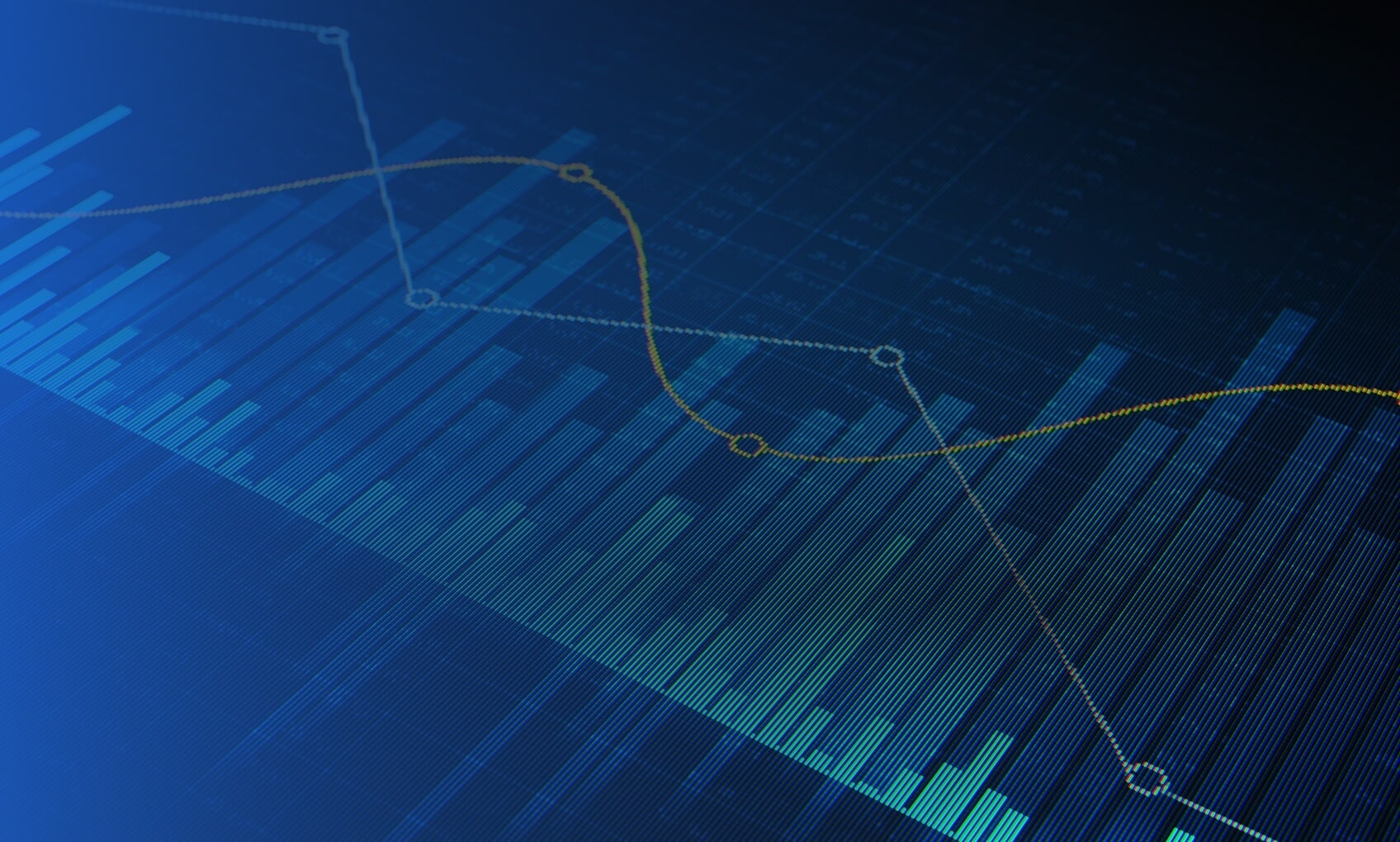 A digital graphic displaying vertical blue-green bar charts with two overlaid lines, one orange and one blue, representing M365 Tenant Consolidation data trends on a dark grid background.