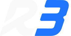 Stylized R3 logo with the letter R in white and the number 3 in blue, both in a bold, modern font on a transparent background.
