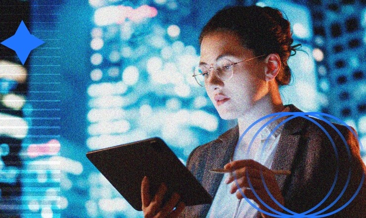 A woman wearing glasses and business attire uses a digital tablet and stylus at night, coordinating incident response as blurred city lights glow in the background.