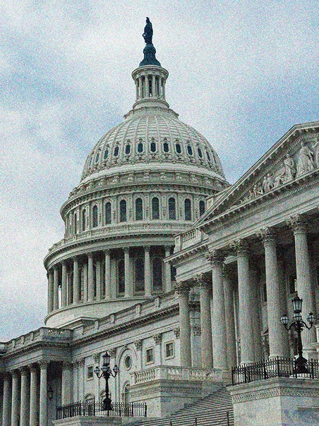 The image shows the domed exterior of the United States Capitol building in Washington, D.C., featuring neoclassical columns and detailed architectural elements under a cloudy sky.