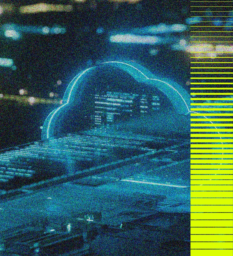A glowing blue cloud icon hovers over a blurred background of city lights, symbolizing IT solutions in cloud computing and digital data storage. The image has a pixelated, futuristic appearance.