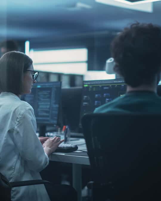 Two people sit in a dimly lit office working at computer monitors displaying code and data, focusing intently on their screens.