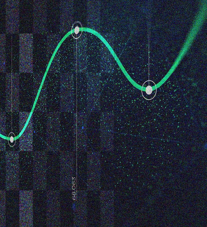 A glowing green wave-like line curves across a dark background with scattered green dots, highlighting three IT Solutions data points encircled along the curve. Vertical lines intersect the path, and faint numbers are visible.
