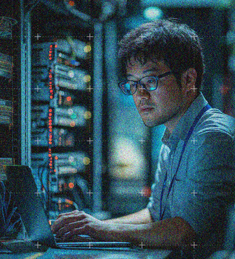 man wearing glasses and working on a laptop
