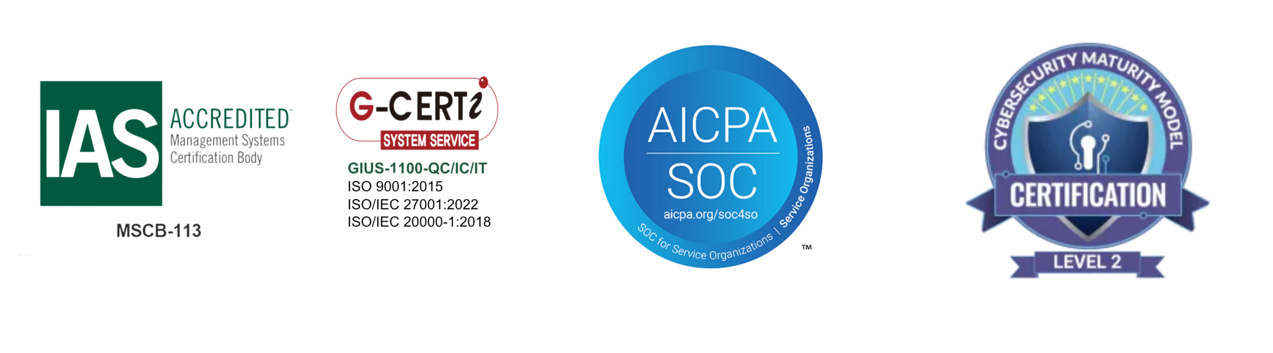 Four certification logos: IAS Accredited, G-CERTI System Service, AICPA SOC, and Cybersecurity Maturity Model Certification Level 2, each with their respective symbols and text on a white background.