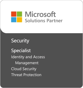 Microsoft Solutions Partner badge for Security Specialist, listing Identity and Access Management, Cloud Security, and Threat Protection.