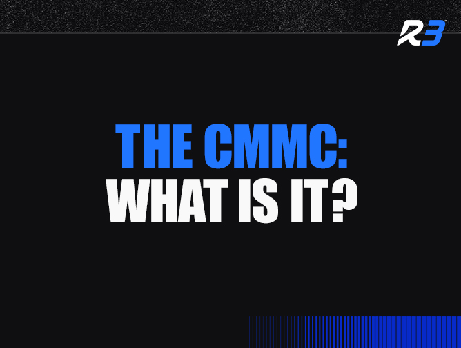 Text graphic with a black background and bold blue and white text in the center that reads, THE CMMC: WHAT IS IT? A small blue and white logo appears in the top right corner.