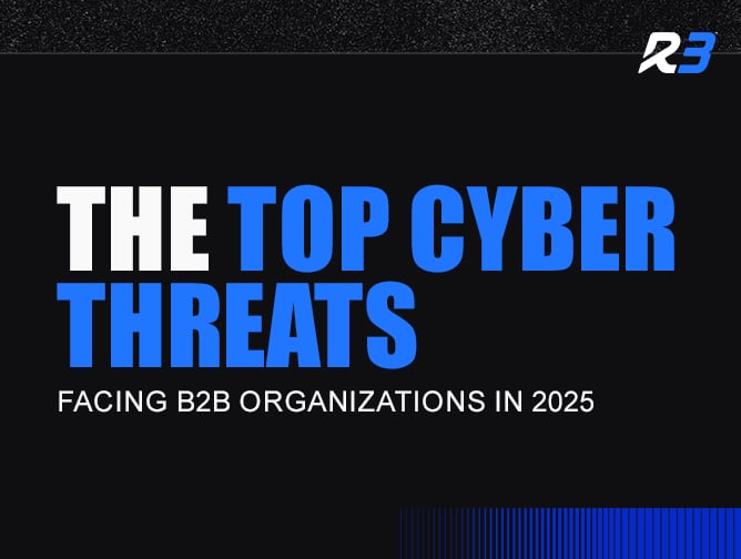 Black graphic with bold white and blue text reading The Top Cyber Threats Facing B2B Organizations in 2025 and a small R3 logo in the top right corner.