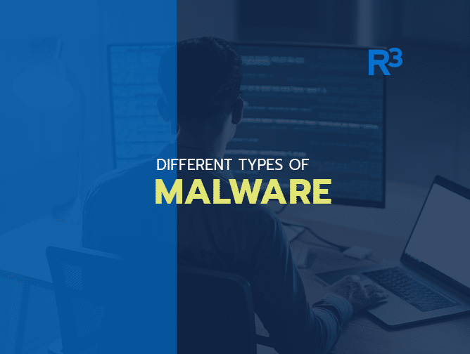 A person sits at a desk working on a computer with code on the screen. The text overlay reads Malware Types and Different Types of Malware, with the R³ logo in the top right corner.