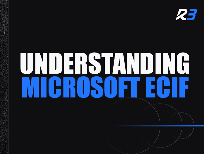 Black background with the words Understanding Microsoft ECIF in large white and blue text. The R3 logo is in the top right corner.
