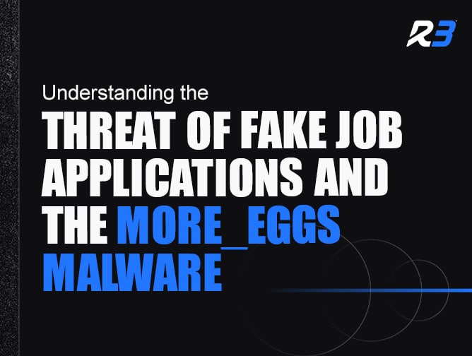 A graphic with the R3 logo and the text: Understanding the threat of fake job applications and the More_Eggs malware on a dark background with blue and white highlights.