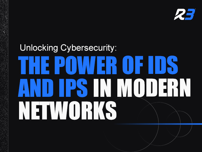 A graphic with the text Unlocking Cybersecurity: The Power of IDS and IPS in Modern Networks in bold blue and white letters, featuring the R3 logo in the top right corner on a black background.