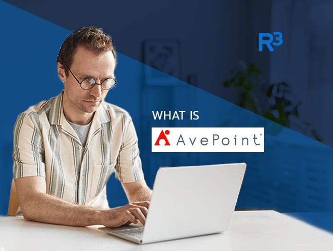 A man wearing glasses and a striped shirt is typing on a laptop. The text What is AvePoint appears with the AvePoint logo on a blue and white background, while the R3 logo is displayed in the top right corner.