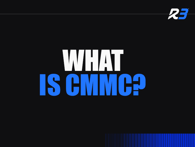 Black background with bold white and blue text in the center reading WHAT IS CMMC? and a small stylized R3 logo in the top right corner. Blue gradient lines appear in the bottom right corner.