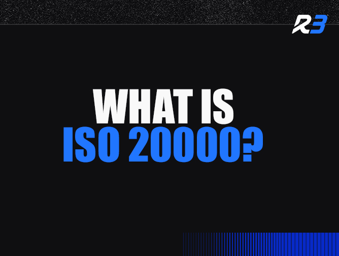 Text graphic with the words “What is ISO 20000?” in bold white and blue letters on a black background, featuring a small blue and white “R3” logo in the top right corner.