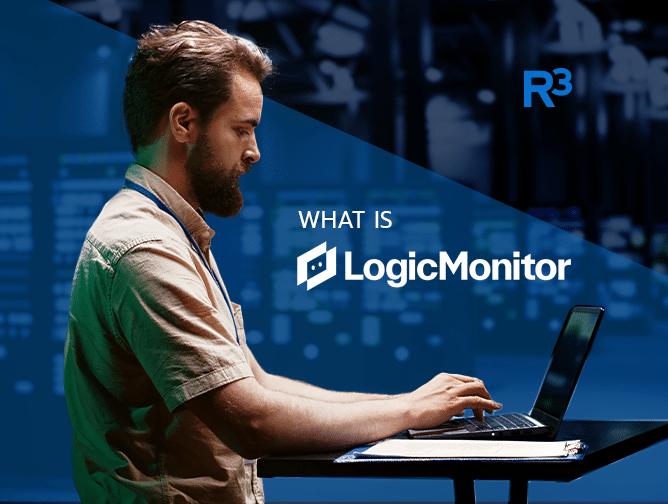 A man sits at a desk typing on a laptop, with blurred computer servers in the background. The text reads What is LogicMonitor, highlighting the LogicMonitor logo and R3 in the top right corner.