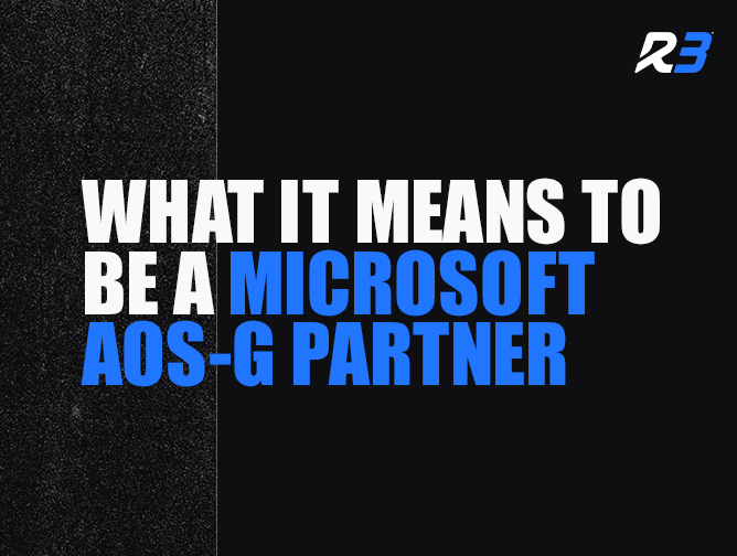 Text graphic with the phrase: What it means to be a Microsoft AoS-G Partner in white and blue bold text on a black background, with a small blue and white R3 logo in the top right corner.