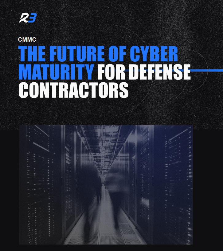 A blue and white text graphic reads, CMMC The Future of Cyber Maturity for Defense Contractors. Below the text, a blurred image shows two people walking down a hallway in a server room.