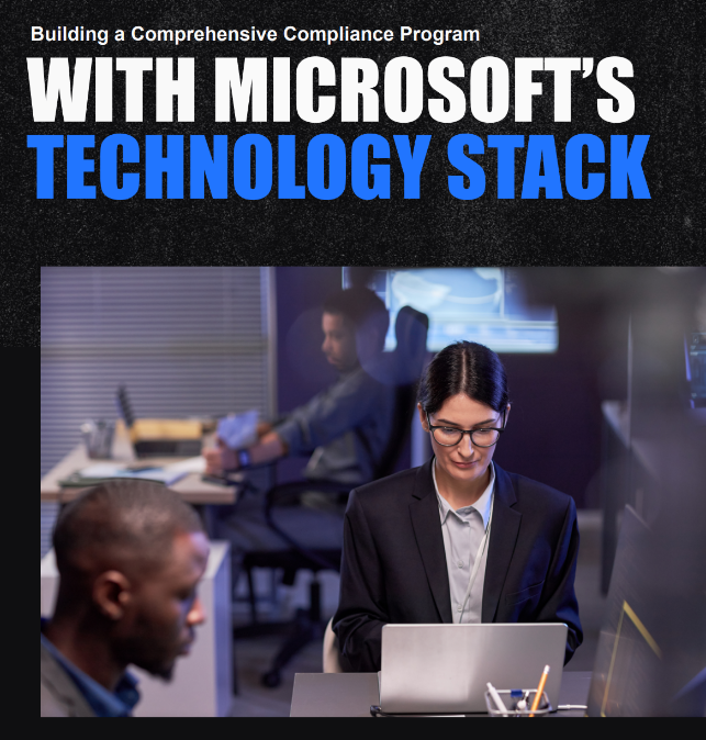 Banner with the text Building a Comprehensive Compliance Program With Microsoft’s Technology Stack above an office scene showing professionals working at computers, including a woman in glasses focused on her laptop.