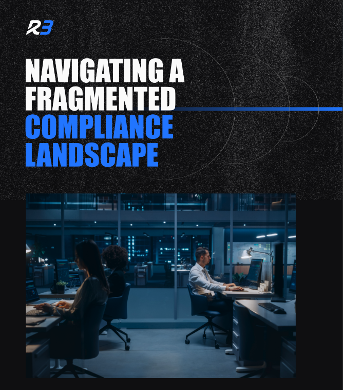 A professional office at night with people working at computers. Above, bold text reads Navigating a Fragmented Compliance Landscape with Compliance Landscape highlighted in blue.